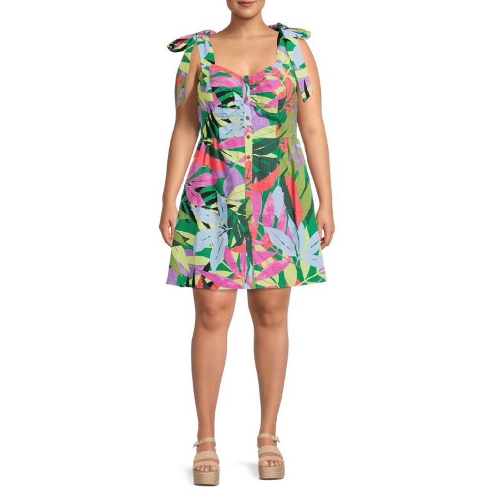 Terra & Sky Plus Size Tropical Button Front Tie Shoulder Dress (3X)